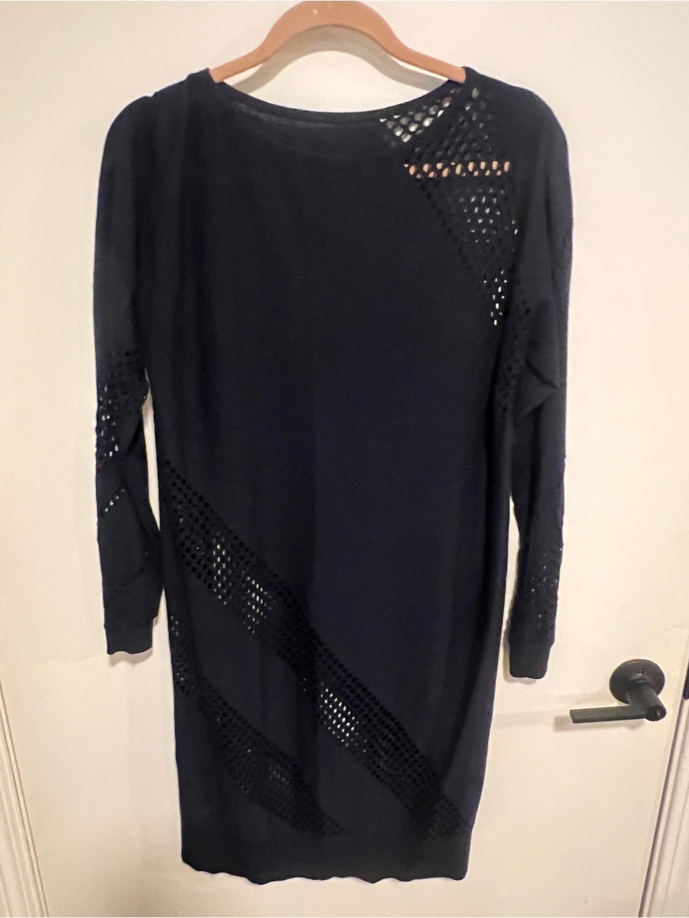 W by Worth Navy Blue Cashmere Blend Long Sleeve Knit Shift Dress Crochet Inset